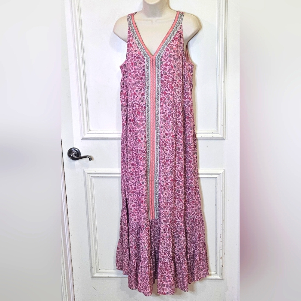 J. Jill Pink Floral Maxi Dress with Trimmed V-Neck